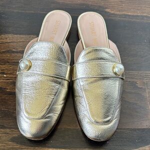 Stuart Weitzman Gold Metallic Pearl-Accent Slip-On Mules